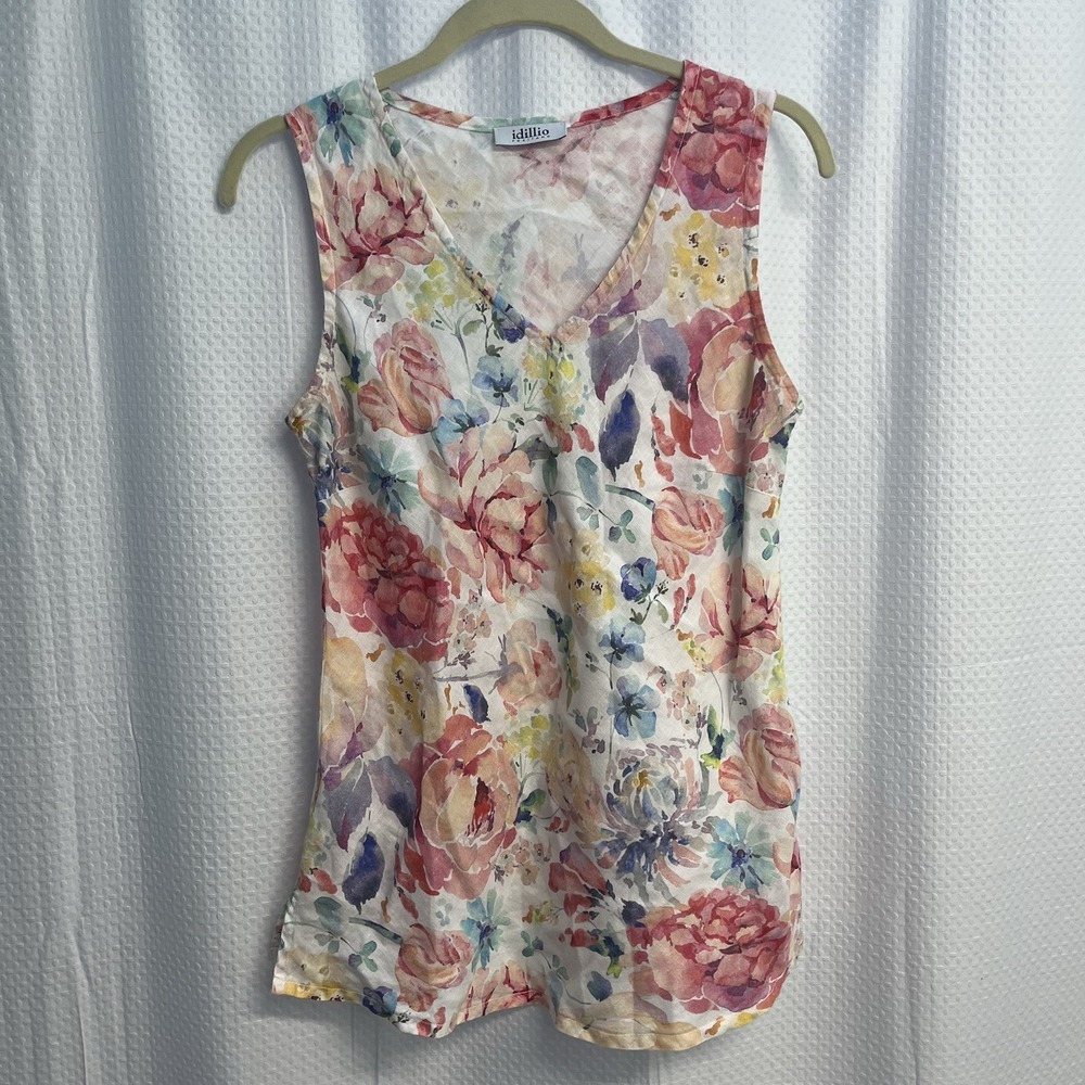 idillio Positano 100% Linen Floral Watercolor Print Minimalist V Neck Top Medium